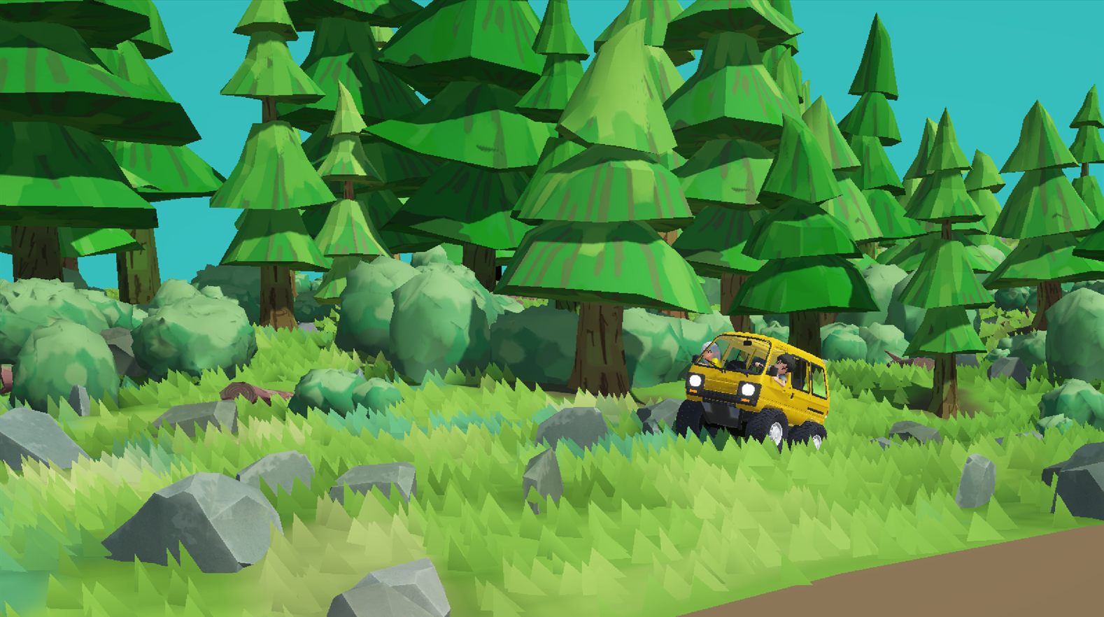 A yellow off-road van pushing through tall grass in a low-poly pine forest, boulders scattered down the slope beside it.