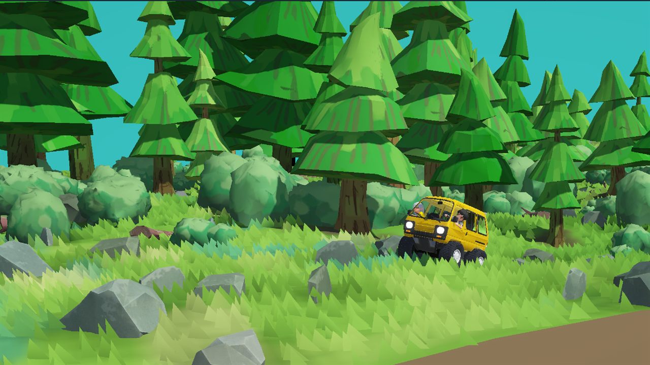 Backyard trailer: a yellow off-road van driving through tall grass in a low-poly pine forest.