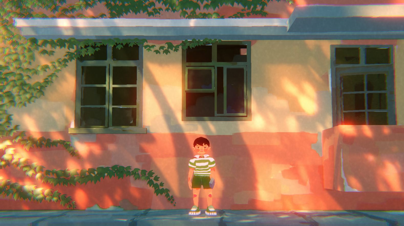 A boy holding a harmonica in front of a sunlit, vine-covered wall at golden hour.
