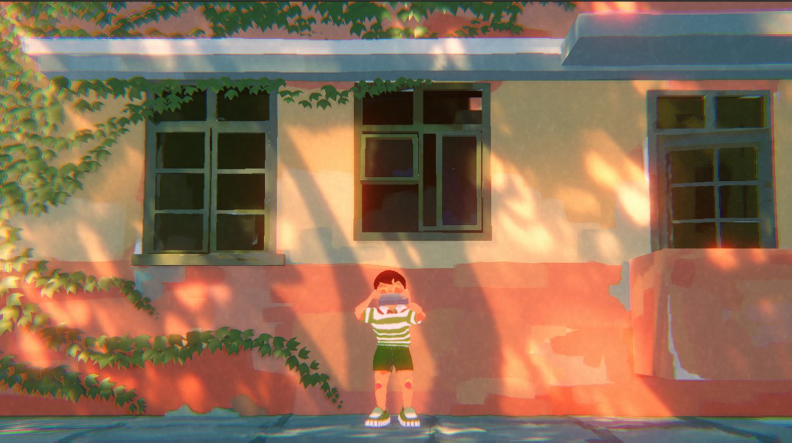 The boy raises the harmonica to his lips beneath the sunlit wall.
