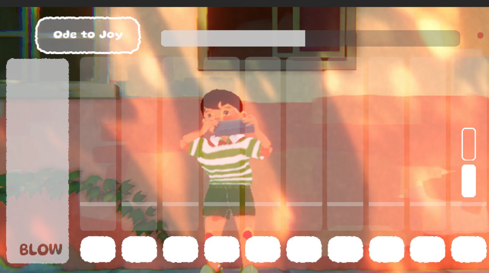 Gameplay: the Ode to Joy note track runs along the bottom of the screen with a BLOW breath gauge at the left.