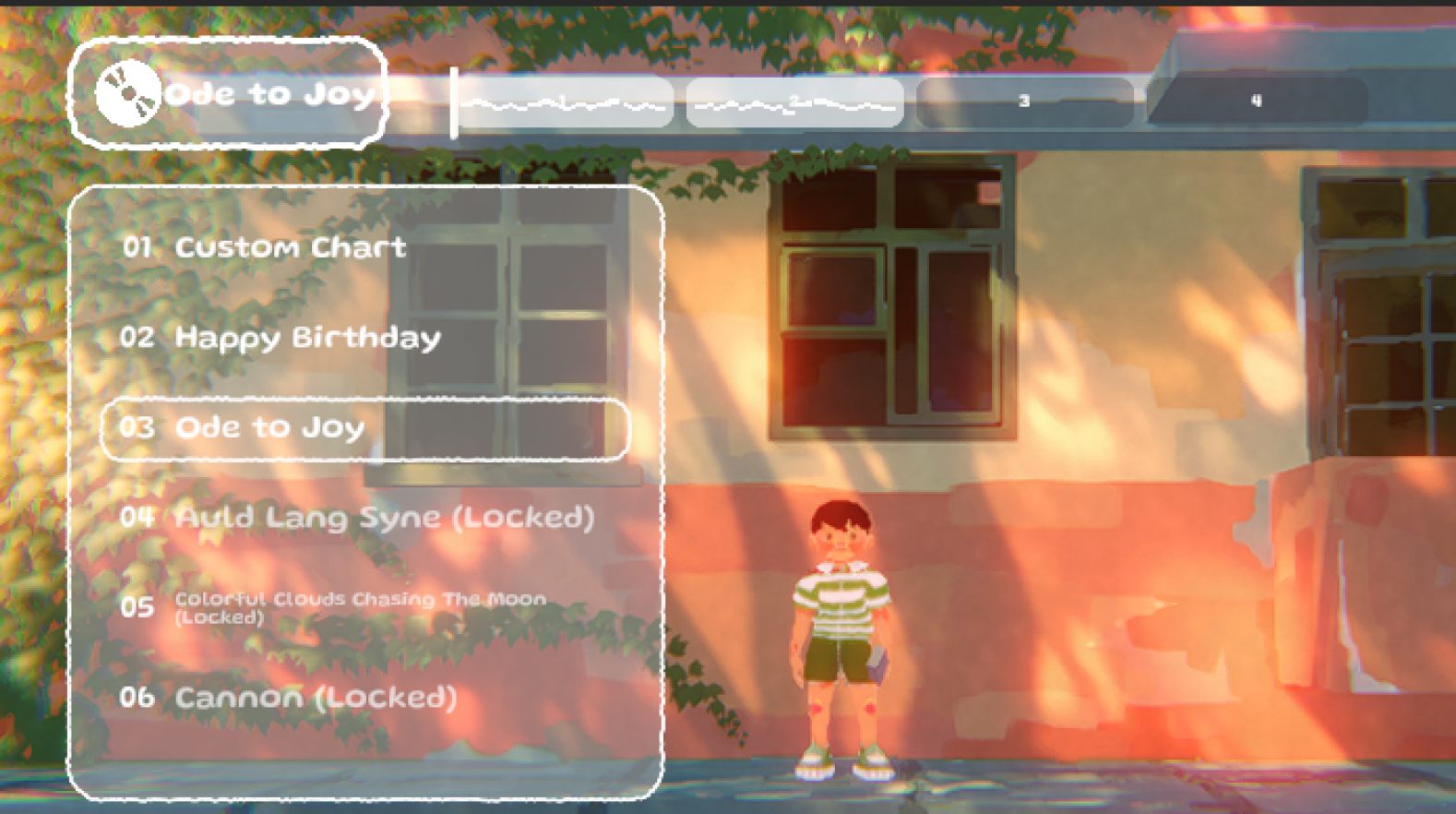 Song select, listing Custom Chart, Happy Birthday and Ode to Joy above three locked tracks.